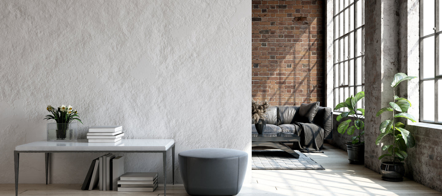 Photo of a minimalist loft living room with big windows.